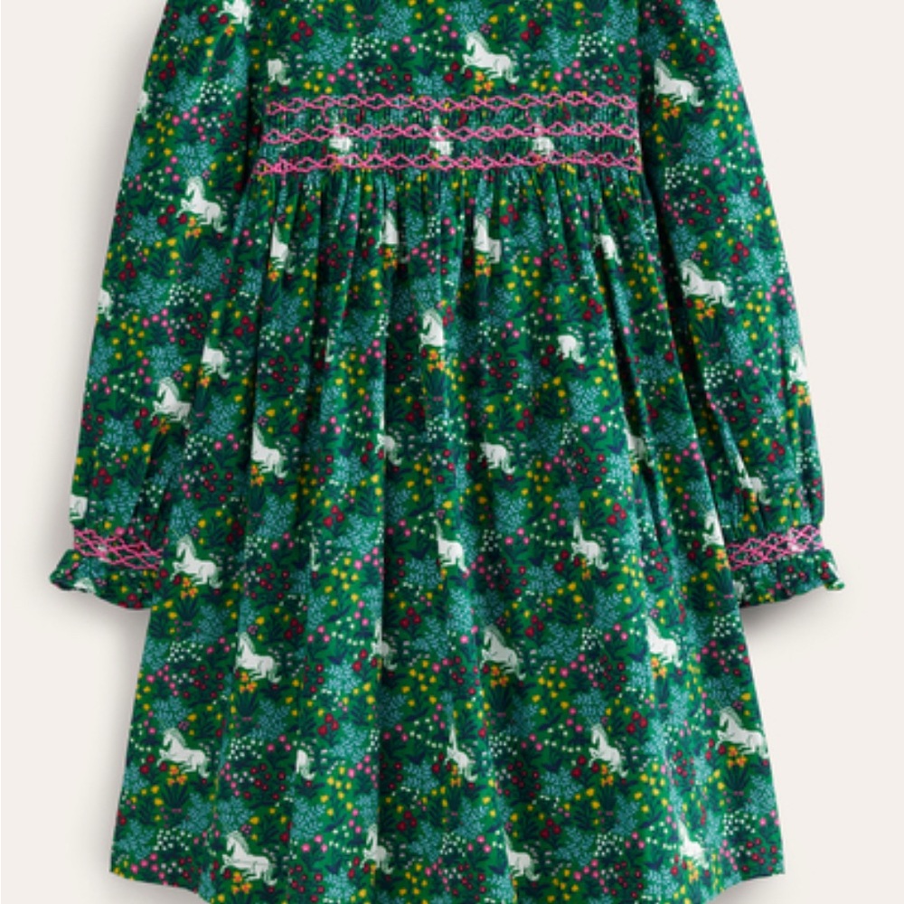 Mini Boden Smocked Green Unicorn Print Dress, 2T-3T